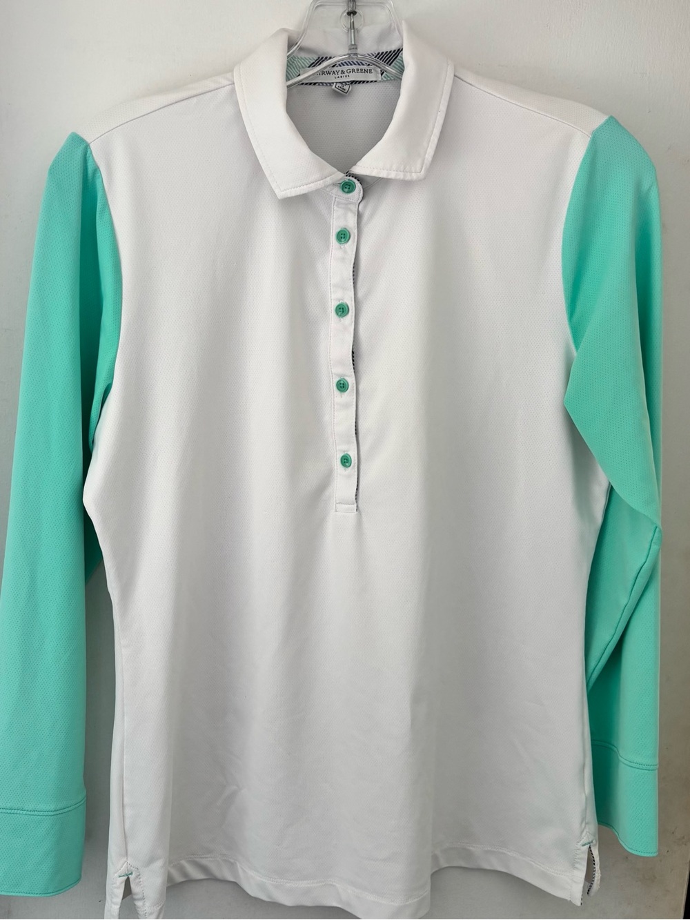 Fairway & Greene Ladies Long Sleeve White With Green Sleeves Polo Size Medium
